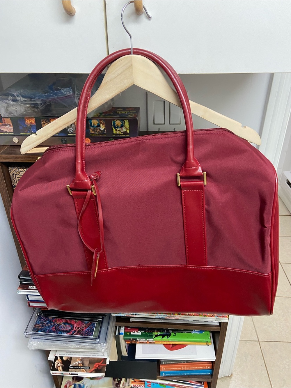 Vintage Estee Lauder Red Leather Tote with Gold Nameplate